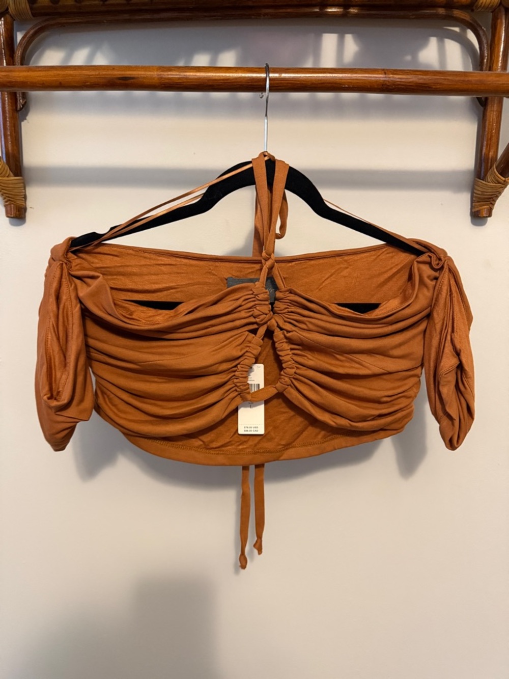 NWT Anthropologie Ruched Off-Shoulder Rust Halter Crop Top With Attached Sleeves